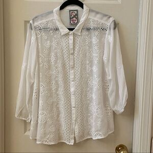 Johnny Was White Eyelet Embroidered Button-Down Blouse